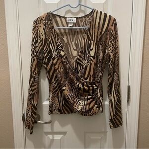J.B.S. Brown and Cream Wrap Blouse Long Sleeve Fitted